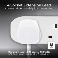 Masterplug Four Socket Long Extension Lead, 3 Metres, White