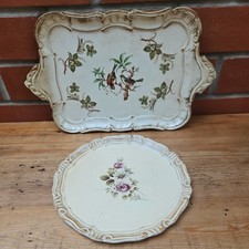 2 Vintage 1 Round & 1 Rectangular Florentine Wooden Trays, Floral & Bird Designs