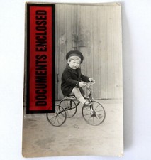 Vintage RP Real Photo Postcard Young Child Boy on Tricycle Bicycle Bike
