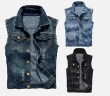 UK Mens Ripped Denim Vest Sleeveless Trucker Biker Jeans Jacket Waistcoat Gilet