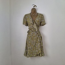 Jigsaw Dress UK 10 100% Silk Green White Floral Wrap Frill Occasion Wedding