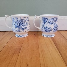 Queen's Fine Bone China Cup England CHERUBS Blue White Lot of 2 Angels Floral
