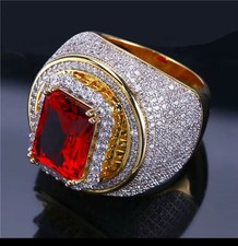 MENS LARGE RED RHINSTONE RING BLING ICED OUT CZ LUXURY FASHION GOLD PLATED RING