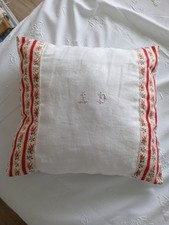 Pretty French Handmade Cushion / Linen With Brocade Edge and Initial AD Monogram