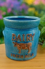 Dairy COW Crock Planter Utensil Holder - Crackle Blue Pottery / Farmhouse Glazed