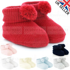 BABY KNITTED BOOTIES POM POM NEW BORN SOFT SPANISH STYLE BABY BLUE PINK WHITE UK