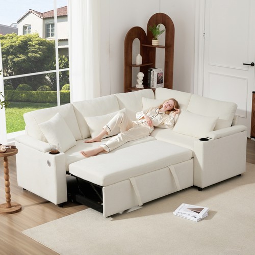 Shaped corner sofa bed beige - bed,