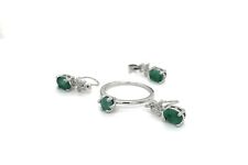 Sterling Silver 925 Set Necklace Earrings Ring & Pendant For Women with Emeralds