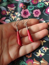 Sterling Silver Red Coral Dangle Cone Shaped Earrings.