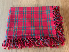 Red, Green and Gold Tartan Fringed Tablecloth possibly vintage.