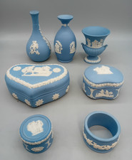 WEDGWOOD JASPERWARE Blue/White; 1 Napkin Ring 3 Vases & 3 Covered Trinket Dishes