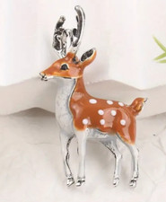 Deer Stag Brown Fawn Enamel Brooch Silver Tone
