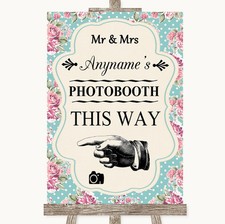 Vintage Shabby Chic Rose Photobooth This Way Left Personalised Wedding Sign