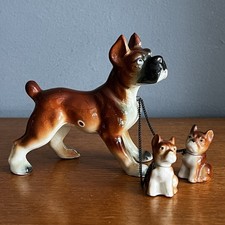 Vintage Pottery Boxer Dog And Puppies Ceramic Figurines With Leads Chains Retro