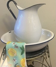 Vintage Enamelware White Blue Large Water Pitcher & Washing Basin Bowl  1920s