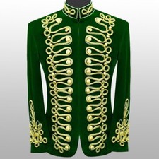 Men's Green Hussar Velvet Jacket Military Gold Braided Jacket