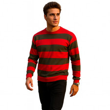 Mens Red & Green Striped Knitted Jumper – Halloween Crew Neck Pullover Sweater