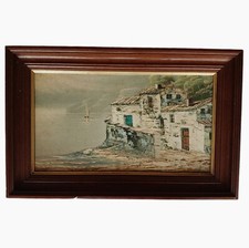 Vintage 80s Wooden Framed Village Lakeside Oil Painting, Sea Boat Jungle Home
