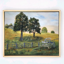 Signed Oil Painting Farm Scene Horse Drawn Wagon Cart Fence Tree Hillside Framed
