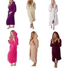 WOMENS SNUGGLE FLEECE DRESSING GOWN HOUSECOAT BATHROBE HOODED LONG SLEEVE 6-20