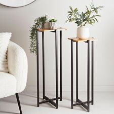 Set of 2 Plant Stands Black Metal MDF Top Plant Holders Tall &Small Indoor Plant