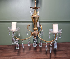 French Chandelier Pair Antique Large Brass Rococo Style Ceiling Light Crystals