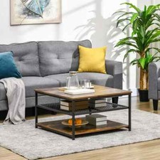 Industrial Coffee Table, Cocktail Table W/ Storage Shelves, Rustic Brown