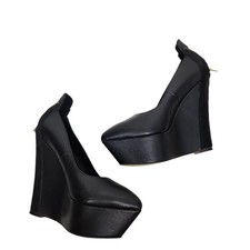 KATE FERGUSON Shoes Womens 9 Black Wedge Platform Heel Gold Zip Pointed Toe