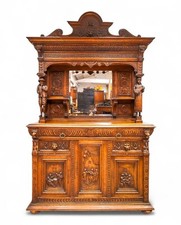 Antique Carved Oak Mirror Back Sideboard With Tavern Scenes C.1890
