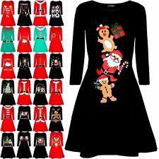 Womens Christmas Long Sleeve Santa Reindeer Gingerbread Flared Swing Mini Dress
