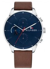 Tommy Hilfiger Men's Blue Multi Dial Watch Brown Leather Strap-NEEDS NEW BATTERY