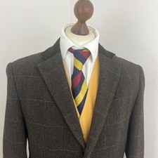 Moss 1851 42L/ P2P 22” Tweed Brown Check Crombie Style Overcoat Velvet Collar