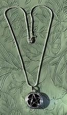 Stunning Dark Purple Cloudy Pagan Pentagram & Silver Tone Snake Necklace. O4