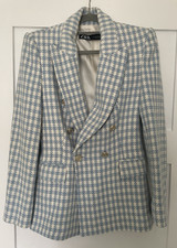 Zara Blue Cream Dogtooth Double-Breasted Blazer Jacket XS NWOT