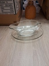 Vintage English Pyrex JAJ  Glass Gravy Sauce Boat With Saucer Drip Tray 