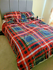 DUNELM KINGSIZE DUVET COVER SET TARTAN RED BLUE CHECK PILLOWCASES BED BEDDING