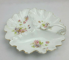 Antique Victorian 10" Handled Divider Serving Dish Plate - Shell Pink Floral