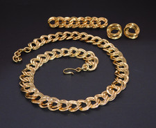 Vintage MONET Gold Tone Double Curb Link Chain Necklace Earrings Brooch Set