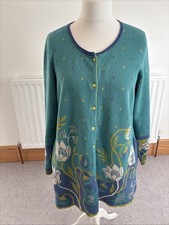 Gudrun Sjoden Pale Teal Cotton Long Cardigan Size L  With Floral Design Size M