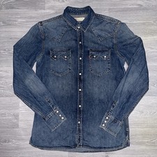 Levi’s Mens Blue Denim Cowboy Western Shirt Sawtooth Pockets Pearl Snaps Size M