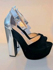 Gorgeous Black Suede & Metallic Silver Platform Heels