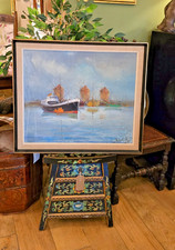 Vintage Dutch Oil On Canvas Painting Of Boats In A Marina And Windmills Signed