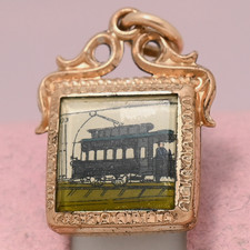 Antique Victorian Hand Painted Trolley Car Gold Filled Watch Fob Charm Pendant