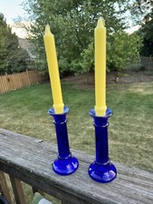 Pair Vintage Cobalt Blue Glass Candlesticks Vase Candle Holders