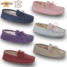 Ladies Mokkers Moccasin Slippers Lily Suede Comfy Floral Lined Indoor Shoe UK3-9