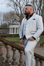 Men's Light Grey Stone Check Three Piece Suit Big Tall Plus Size XL