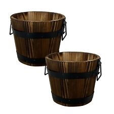 2Pc Round Wooden Barrel Planter 24cm with Metal Handles Band Garden Outdoor Tub