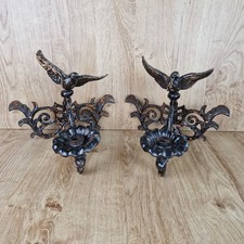 Antique Pair Of French Ornate Cast Iron Wall Sconces Candle Holders Bird Design