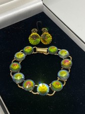 Goldtone Rivoli Cut Panel Bracelet & Clip Earrings Set Watermelon Glass Vintage