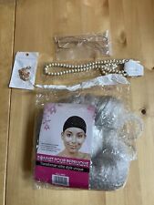 Old Lady Fancy Dress Silver Bun Wig, Glasses. Necklace & Earrings